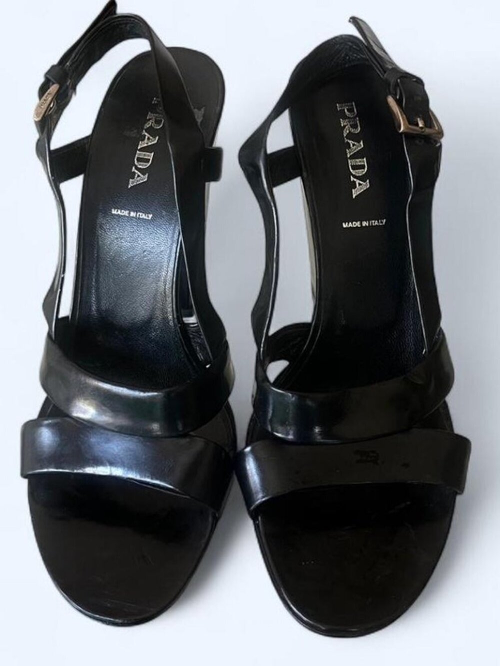 Prada Black Patent Leather Buckle Heel Sandals EU39 US 8.5